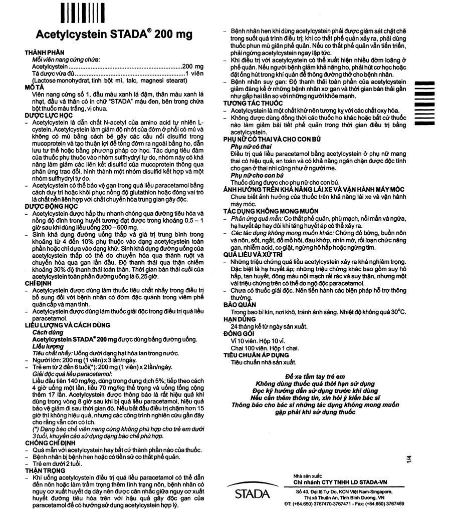 Acetylcystein Stada 200mg tan đàm trong bệnh lý hô hấp (10 vỉ x 10 viên) - 3